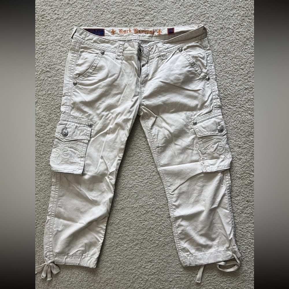 Rock Revival Buckle corduroy Capri Pants Womens 29 Cargo Cream Cropped